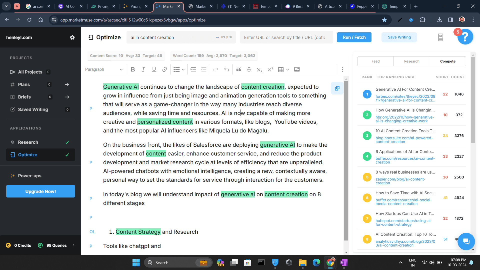 Realtime Competitor Analysis in blog writing in Market Muse