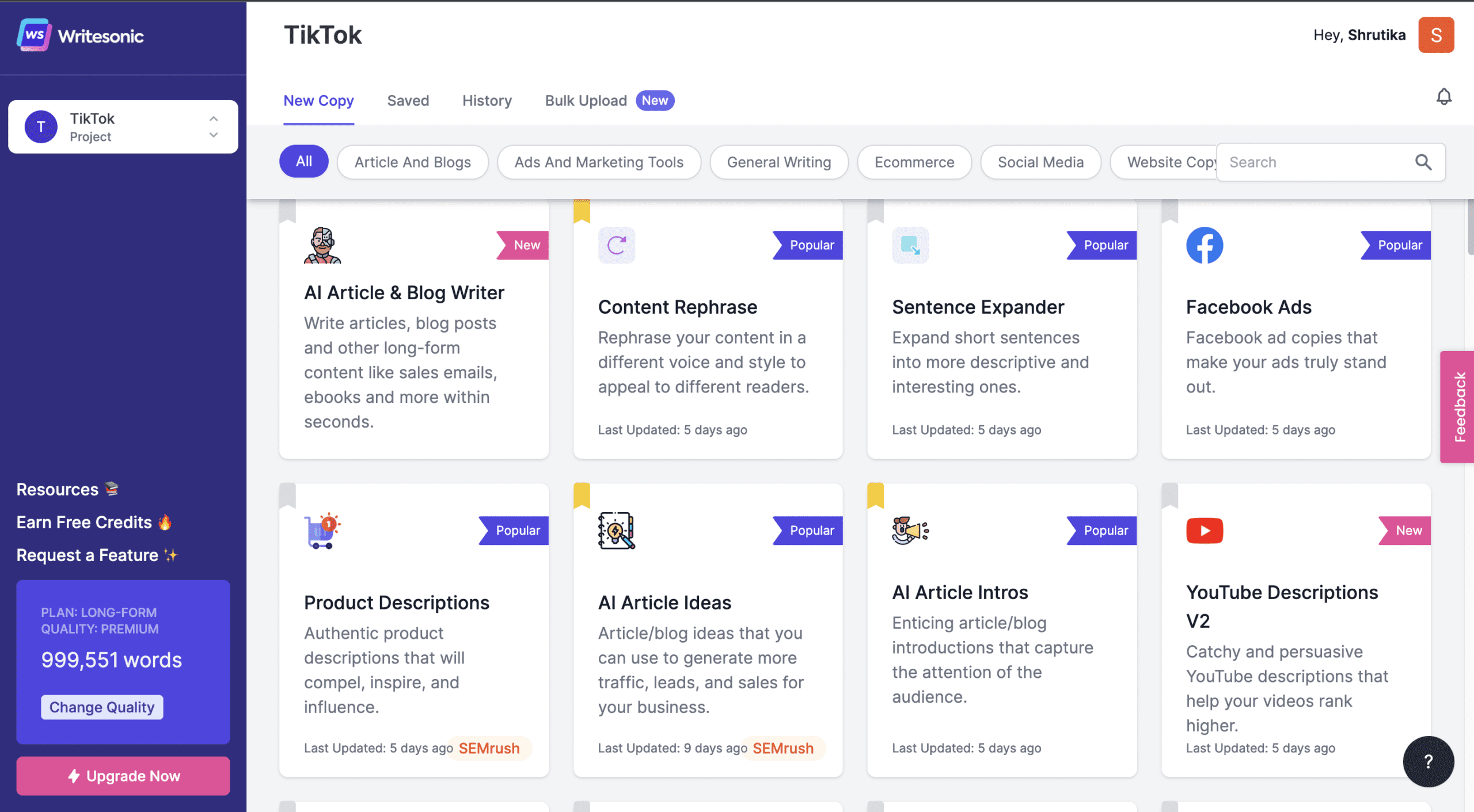 Writesonic AI Writing Features
